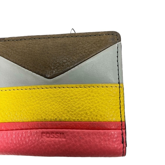 FOSSIL Genuine Leather Gray Pink Yellow Bi-Fold Wallet Coin Purse Cash Holder - Picture 2 of 16